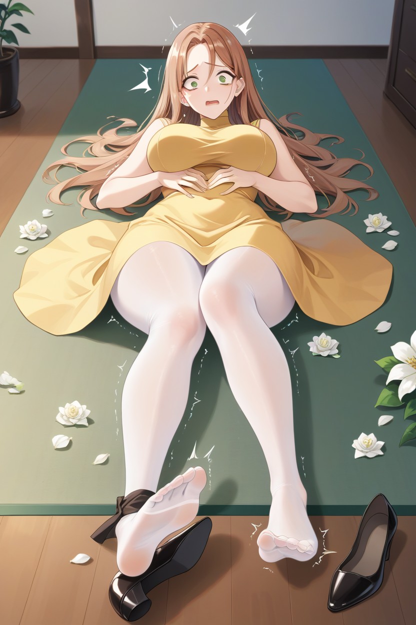 Black Ballet Flats Shoes, Hazel Eyes, Show Soles Opaque Beige Tights Feet Hentai AI Porn