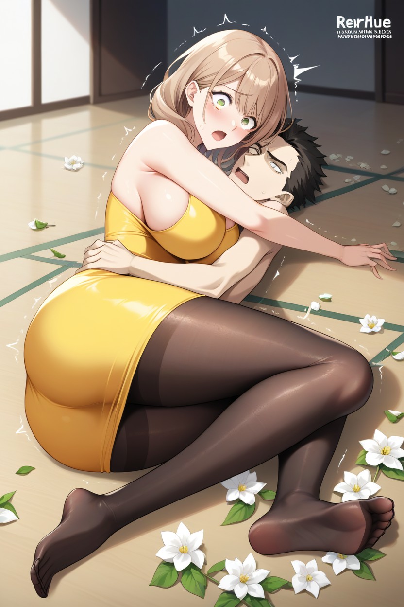 Laying Down, Grabbing Hugging Her Sides In Pain, Hunched Over Hentai AI Porn