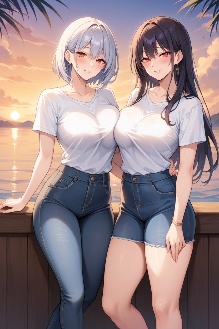 Purple Skin, Mischievous (smiling While Blushing), Sunset AI Porn