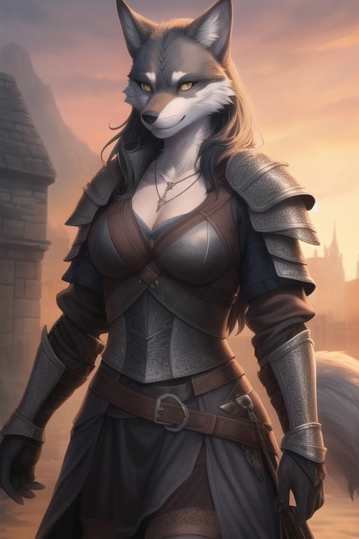 Dog Furry Woman In Full Set Of Witcher Armor And Wolf Head Medalion On The Necklace, Dusk, Armor Gloves Furry AI Porn