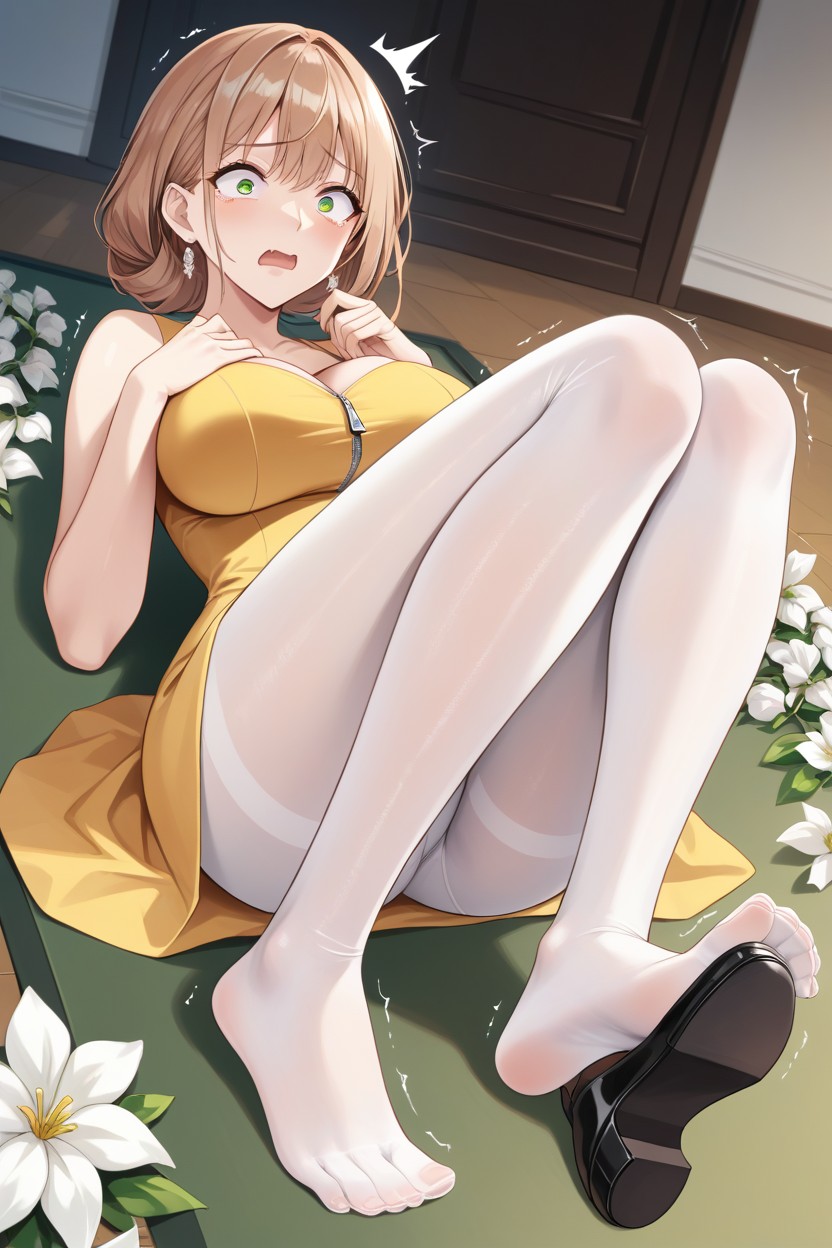 Yellow Dress Super Tight Unzips, Light Brown Hair, Black Ballet Flats Shoes Hentai AI Porn