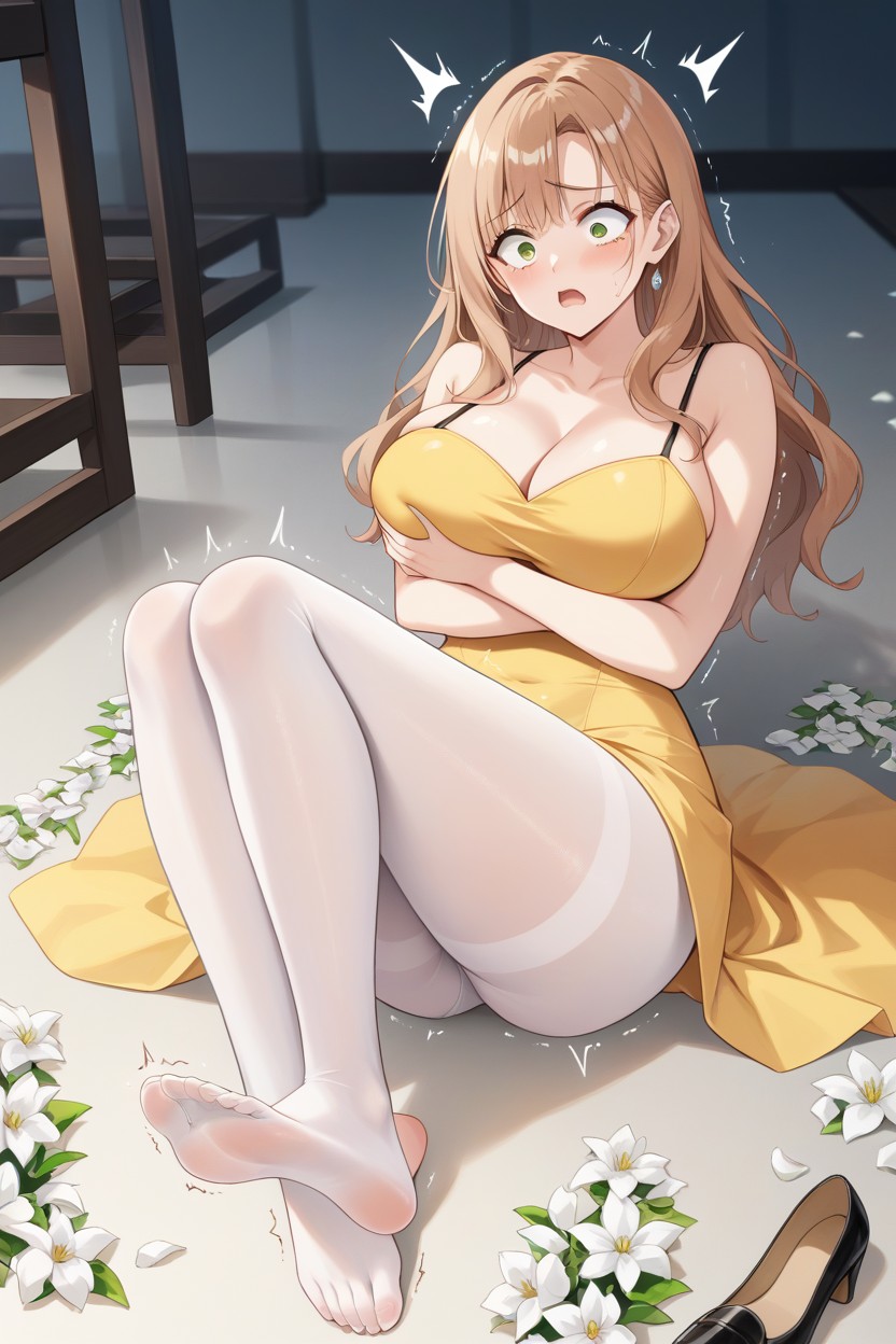 Yellow Sun Dress Decorated With White Flowers, Mouth, Grabbing Hugging Her Sides In Pain Hentai AI Porn