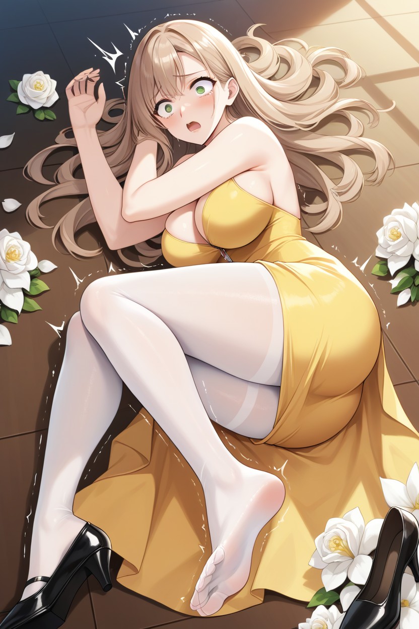 Opaque Beige Tights, Grabbing Hugging Her Sides In Pain, Mouth Hentai AI Porn