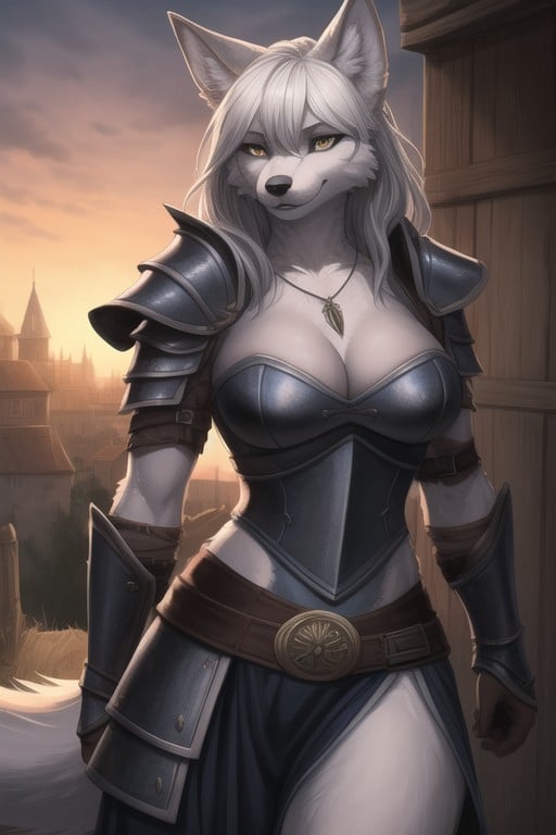 Armor Gloves, Dusk, Dog Furry Woman In Full Set Of Witcher Armor And Wolf Head Medalion On The Necklace Furry AI Porn