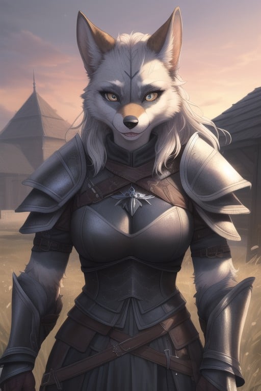 Dog Furry Woman In Full Set Of Witcher Armor, 鎧, 夕暮れファーリーAIポルノ