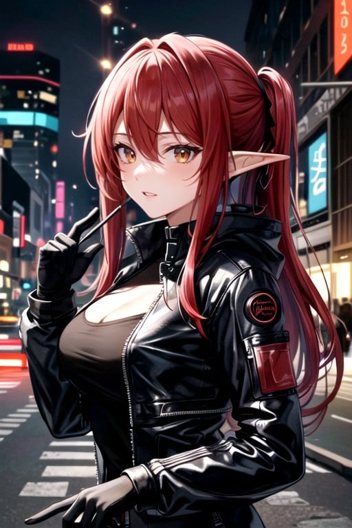 Cyberpunk Elf Woman Pointed Ears Bright Red Hair Dark Cyberpunk City At Night, Latex Suit, Elf Ears AI Porn