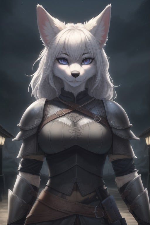 Night, Dog Furry Woman In Full Set Of Witcher Armor, Armor Furry AI Porn