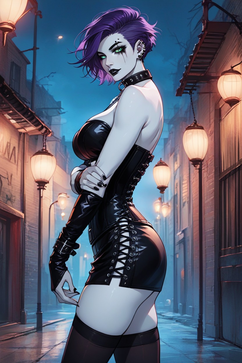 侧视图, 望向观众, Goth Emo Pale Skin Black Lipstick And Leather Collar Bright Purple Hair Gothic Nightclub Background NightAI黄片