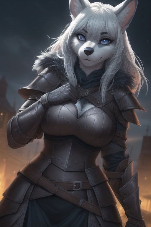 Night, Armor Gloves, Dog Furry Woman In Full Set Of Witcher Armor Furry AI Porn