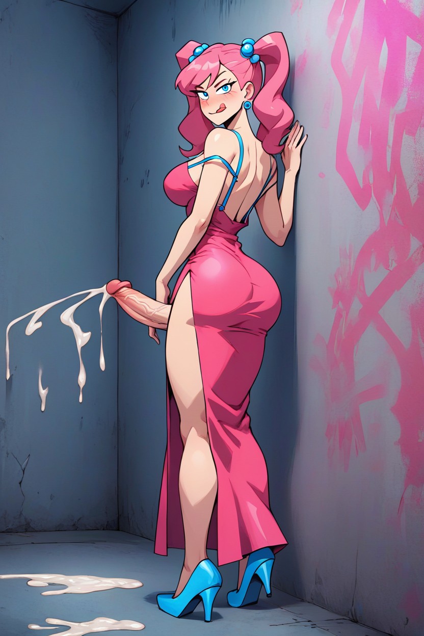 Pink Dress, Cum On The Ground, Hands Pressed Against Wall Shemale AI Porn