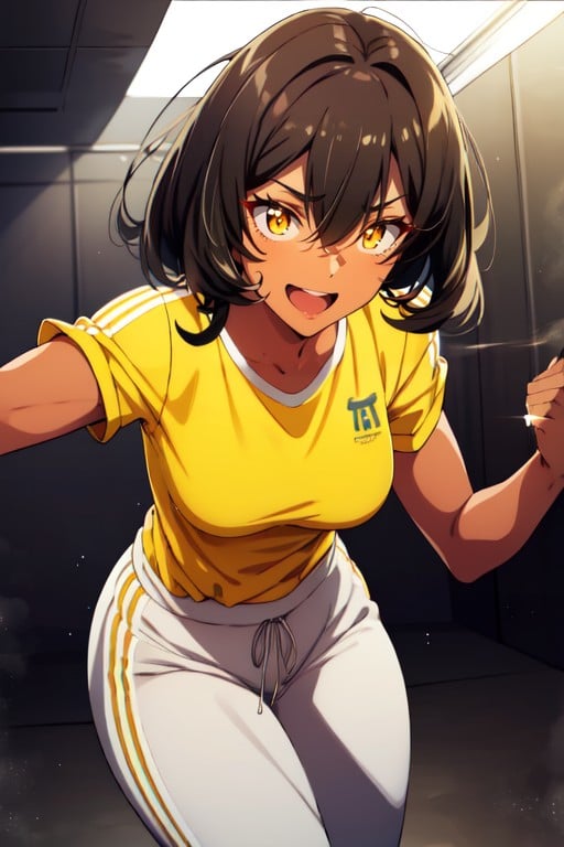 Musculosa, Ojos Brillantes, Wearing A Yellow ShirtPorno AI Hentai