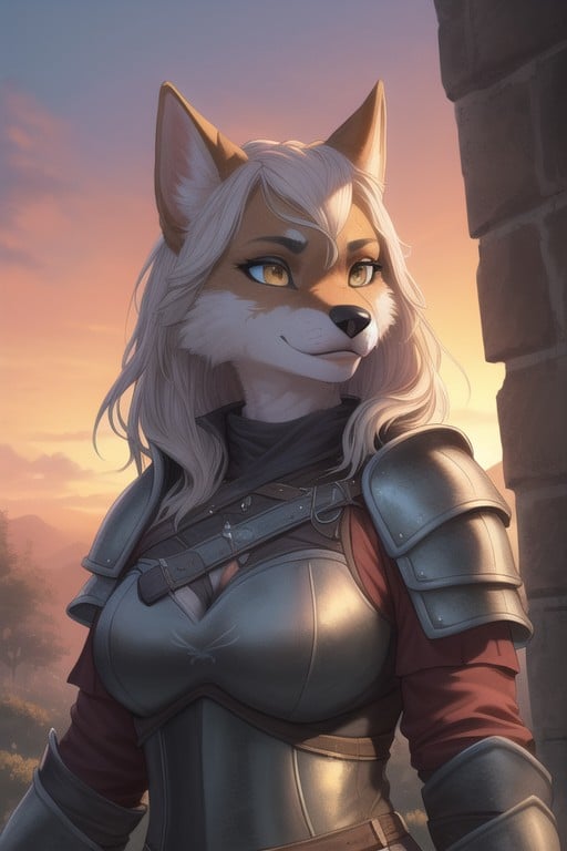 Armor Gloves, Dog Furry Woman In Full Set Of Witcher Armor, Sunset Furry AI Porn