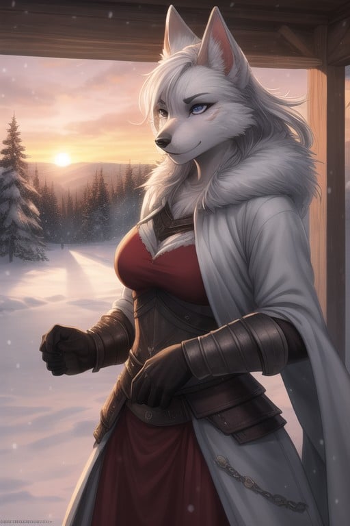 Snowing, Sunset, Dog Furry Woman In Full Set Of Witcher Armor Furry AI Porn