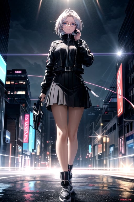 Skirt, Cyberpunk City, White Hair AI Porn