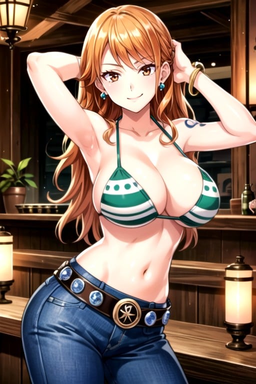 Nami (one Piece), Olhando Para O Visualizador, Hands Holding Hair Over Head Travesti IA Pornô