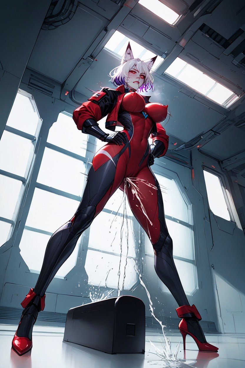 Transparent Red With White Stripes Bodysuit, Sitting Down Legs Spread, Form Fitting Clothes Hentai AI Porn