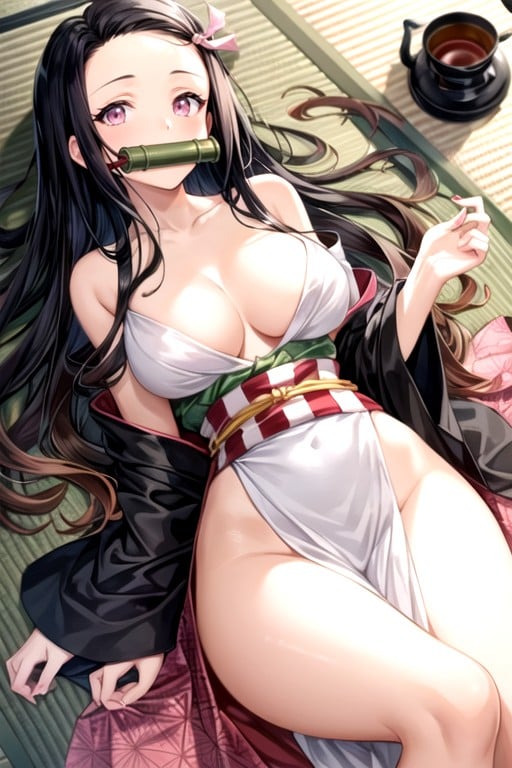 Close-up, Deitada, Nezuko Kamado Dozing Peacefully In A Sunlit Tatami Room Hentai IA pornografia