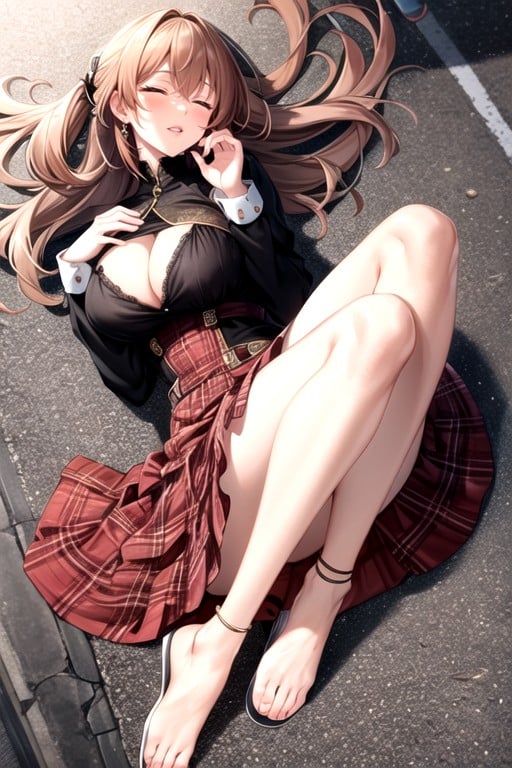 Plaid Long Skirt, Separated Legs, CleavagePorno AI