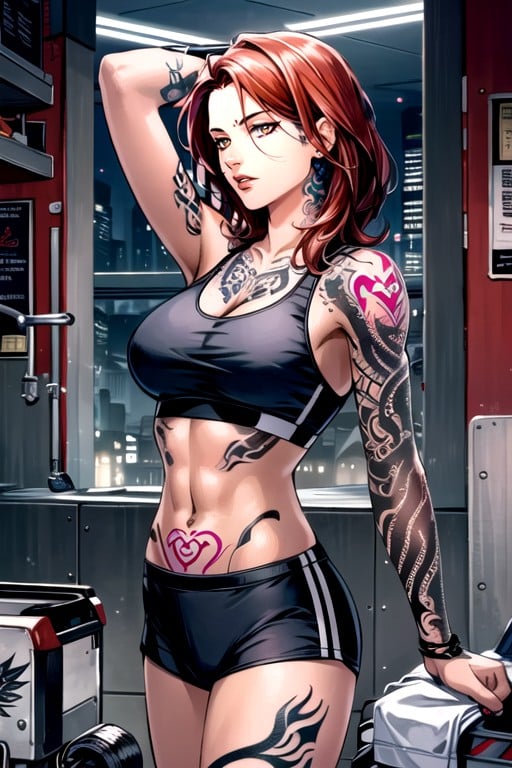 Sport Bra, Tattoo, Muscular AI Porn