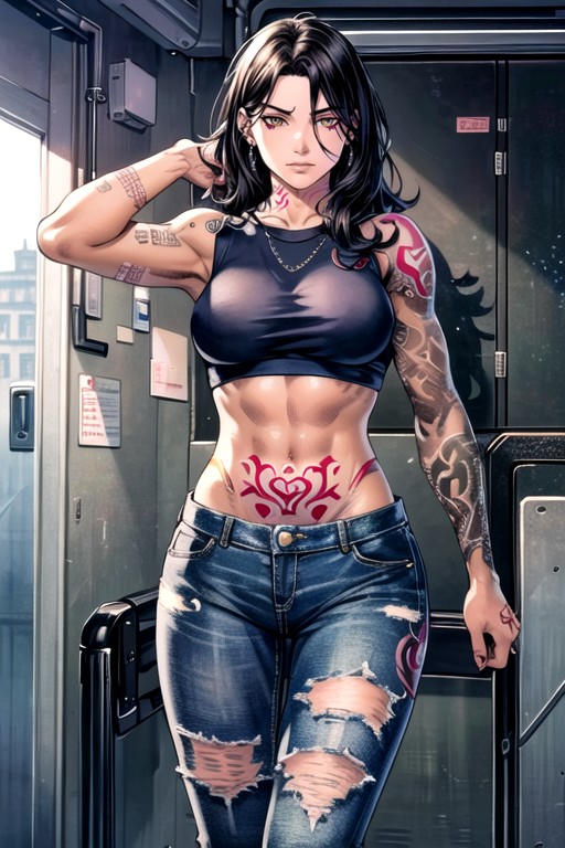 Jeans, Crop Top, Tattoo AI Porn