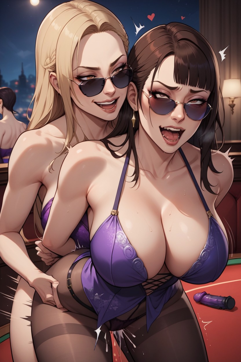 Lesbian Strapon, Kiss Mark, Smug Expression AI Porn