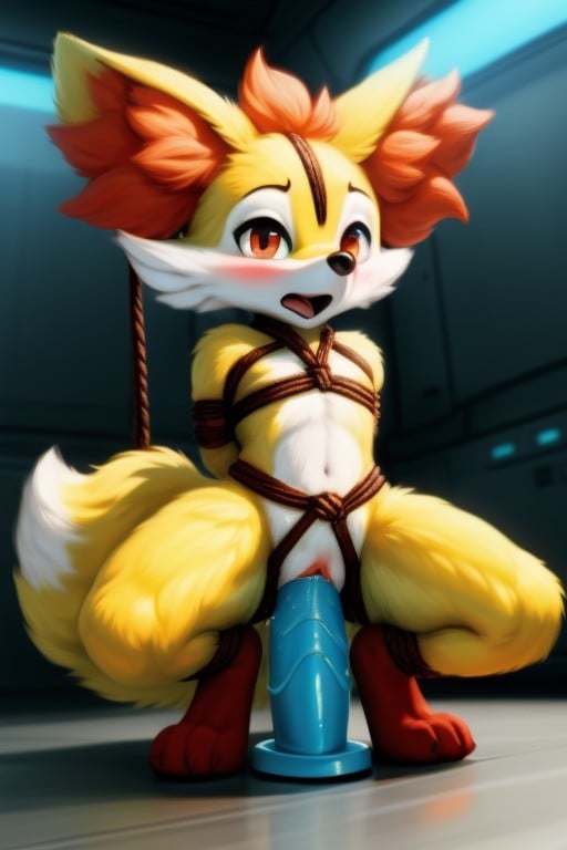 Dildo, The Fennekin's Vagina Is Spread Open By A Huge Mean Looking Intensely Ridged Veiny Knotted Dragon Dildo With A Tapered Spiky Tip, OrgásmicaPorno AI Furry