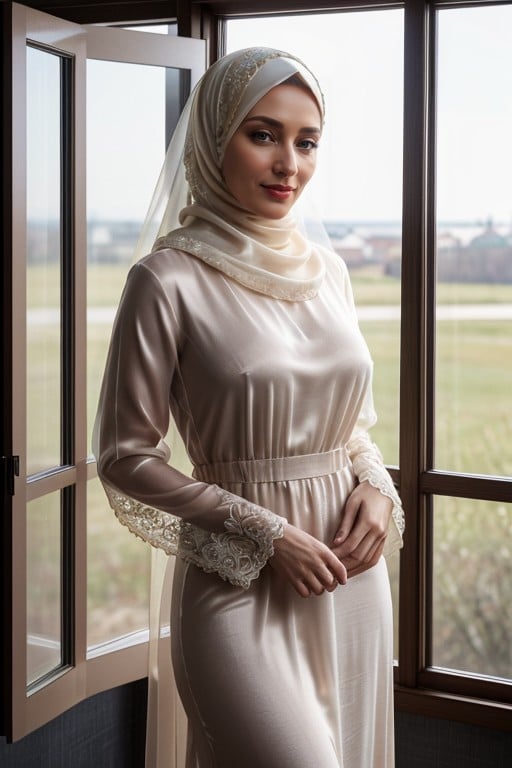 Fashioned Cotton Hijab Seductive Tempting Face Wearing Silk Long Dress, Full Body, Window With View AI Porn