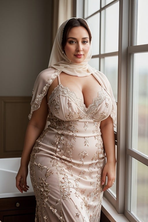 Fashioned Cotton Hijab Seductive Tempting Face Wearing Silk Long Dress, Large Breast, Large Ass AI Porn