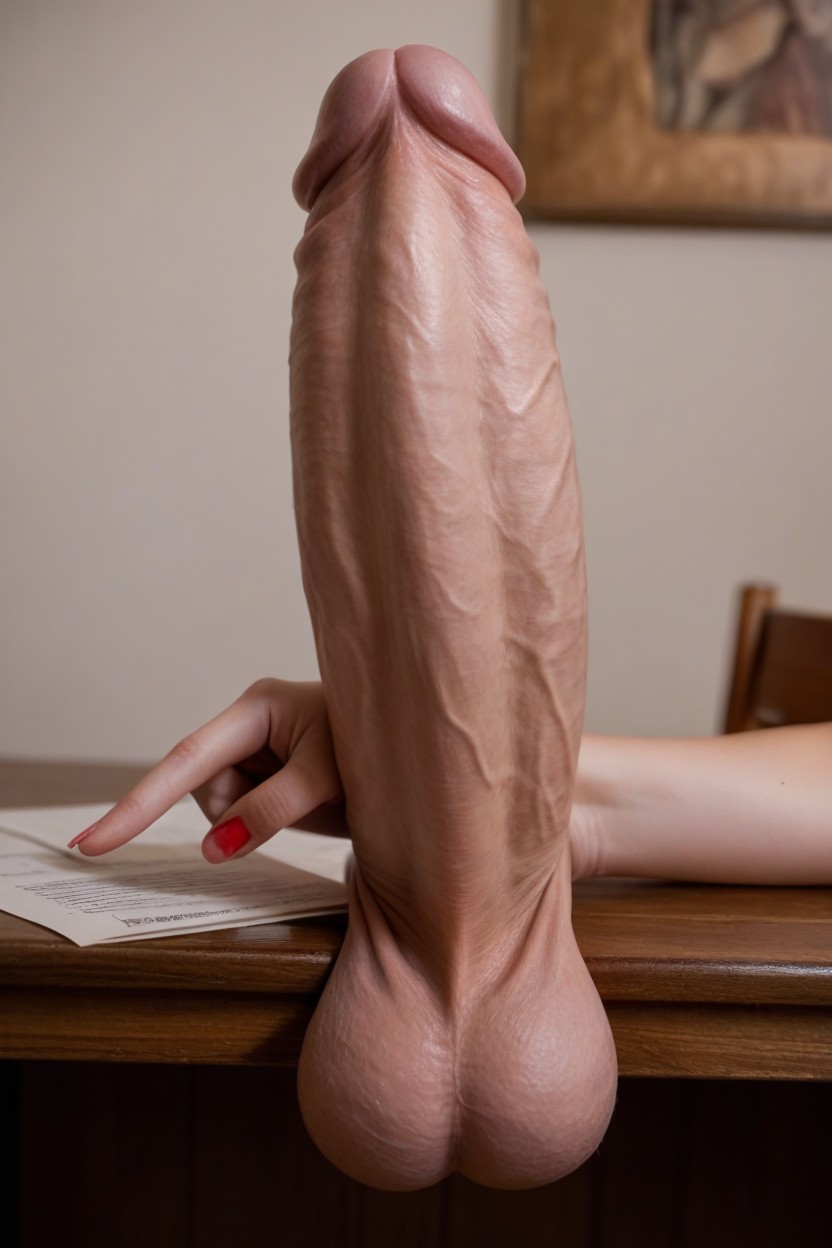 Hyper Cock On Table, Close Up On Hyper Cock, Hyper Cock Pointing At Viewer Shemale AI Porn