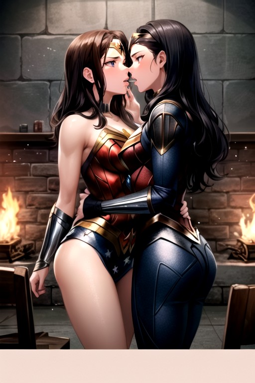 Wonder Woman Slides Her Hand In Black Widows Pants Making Her Moan And Black Widow Sucks On Wonder Woman's Tits, They Start To Undress Slowly Revealing There Tits, Wonder Woman And Black Widow Are Making Out Passionately AI Porn