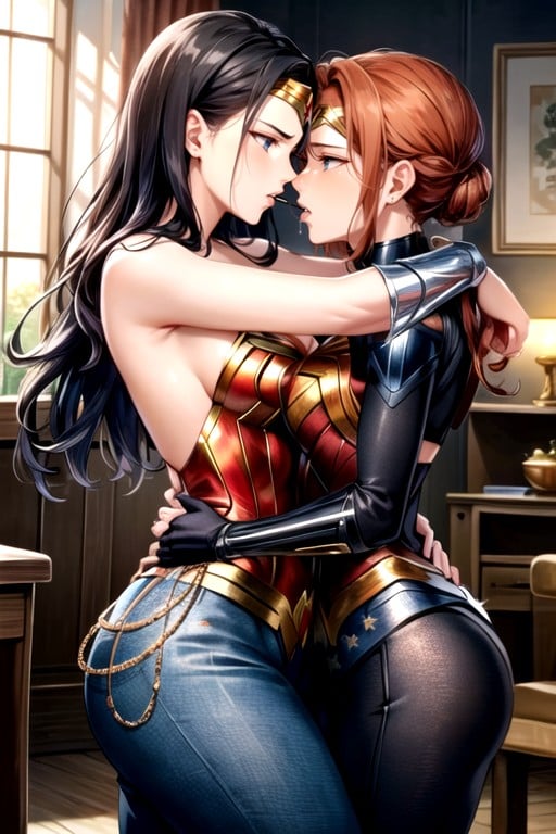 They Start To Undress Slowly Revealing There Tits, Wonder Woman Slides Her Hand In Black Widows Pants Making Her Moan And Black Widow Sucks On Wonder Woman's Tits, They Spit In Each Other's Mouth And Dropping It In MouthAIポルノ