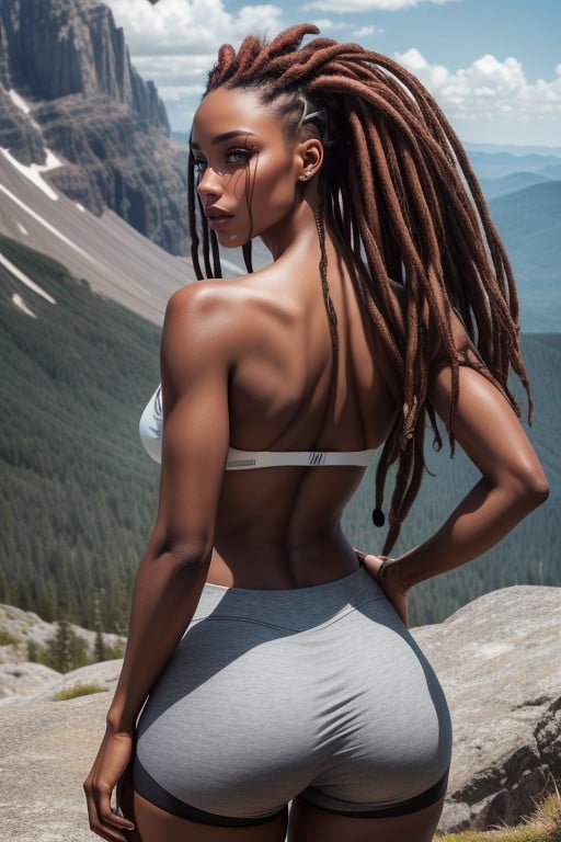 Light Skinned Woman With Long Red Dreads, View From Behind, Yoga Shorts AI Porn