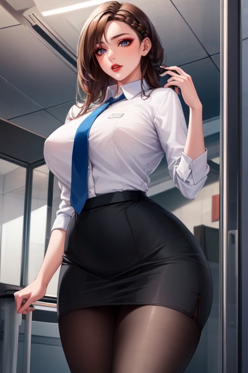 Makeup, Wearing Tie, Wearing Blue Pencil Skirt AI Porn