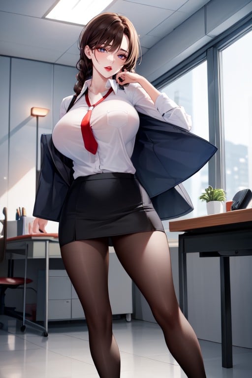 棕色, Wearing Blue Pencil Skirt, 辮髮AI黃漫