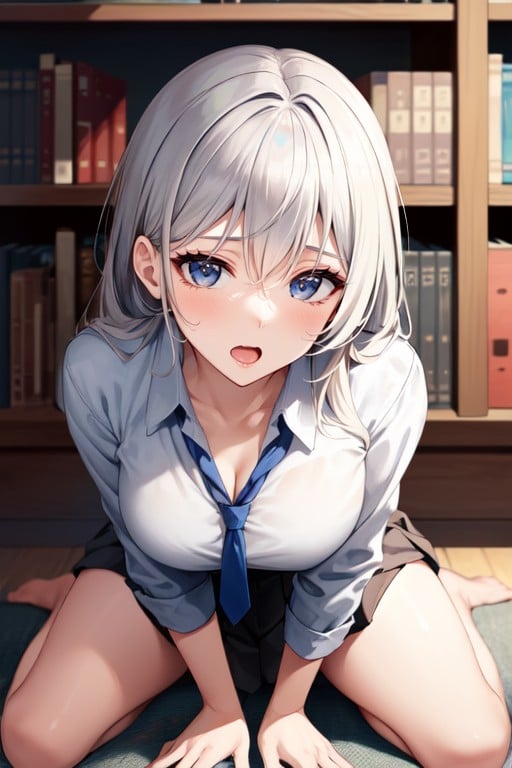 Kneeling, Orgasm, White Hair AI Porn