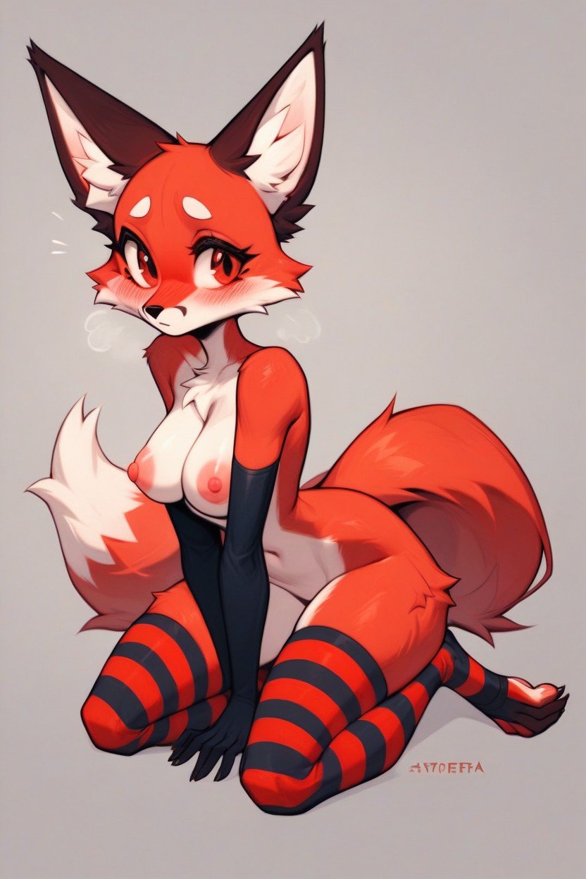 Anthro Red Fox Woman Cartoon Detail On Knees View From Back Ass Striped Long Gloves Striped Stockings Big Eyes Blush Errtet Body Really Nipples Cartoon Detail Big Eyes Blush Errtet Body Really Full Body View Digitigrade Legs Pornografia de IA