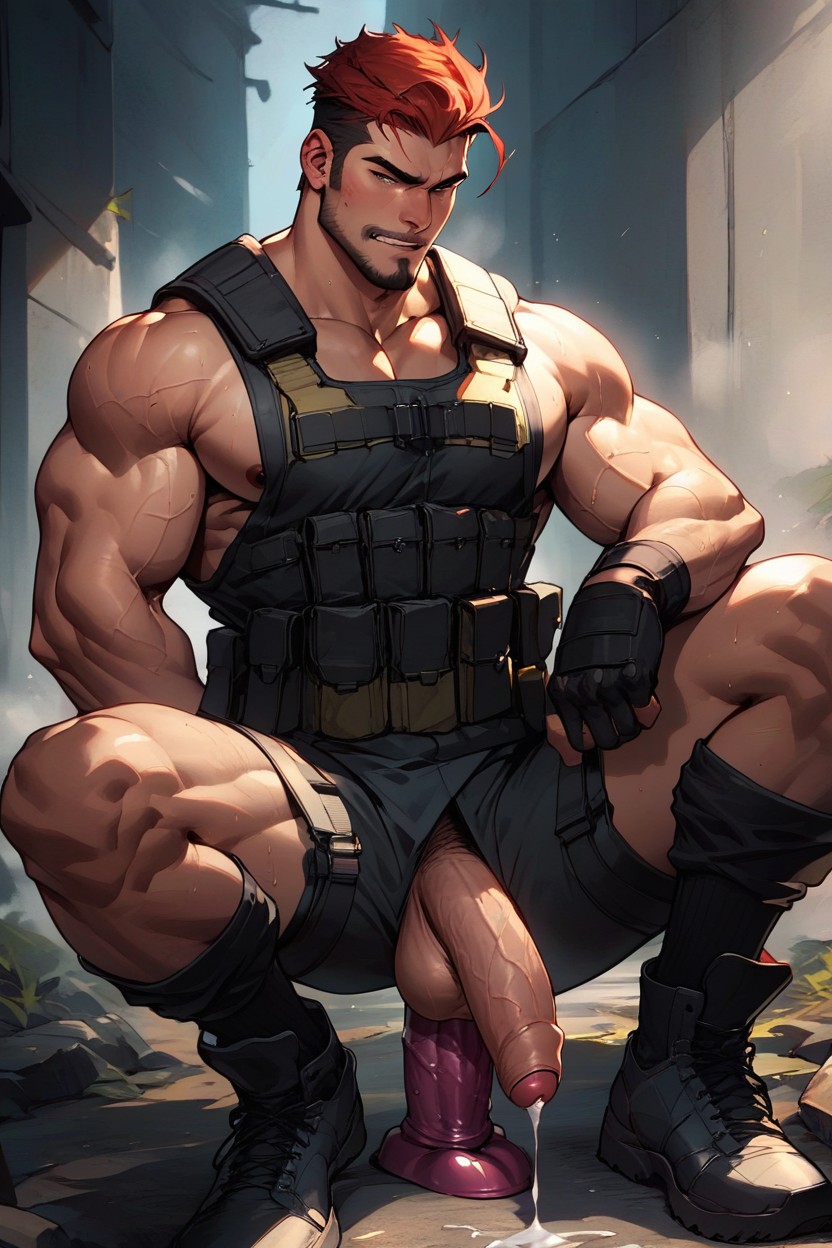 Hot Muscular Soldier, Leaking With Precum, Sitting On Dildo Asian AI Porn