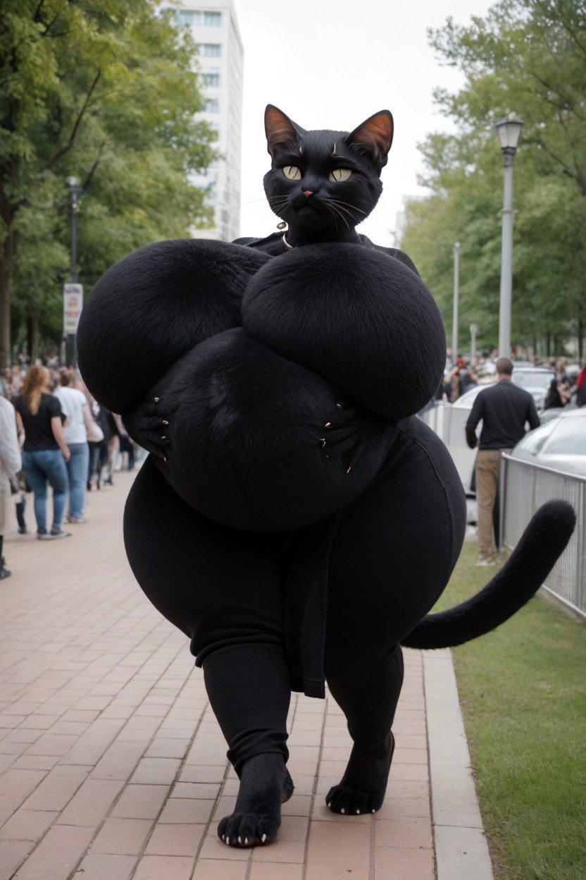 Public Park, Standing View, White And Black Fur Domestic Cat人妖AI色情