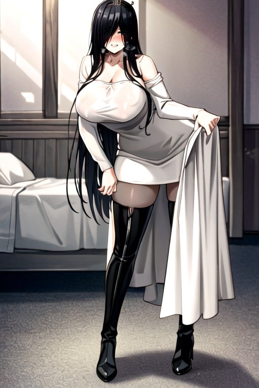 Thick Lines, Wearing Black Leather Thigh High Boots, Quarto Hentai IA pornografia