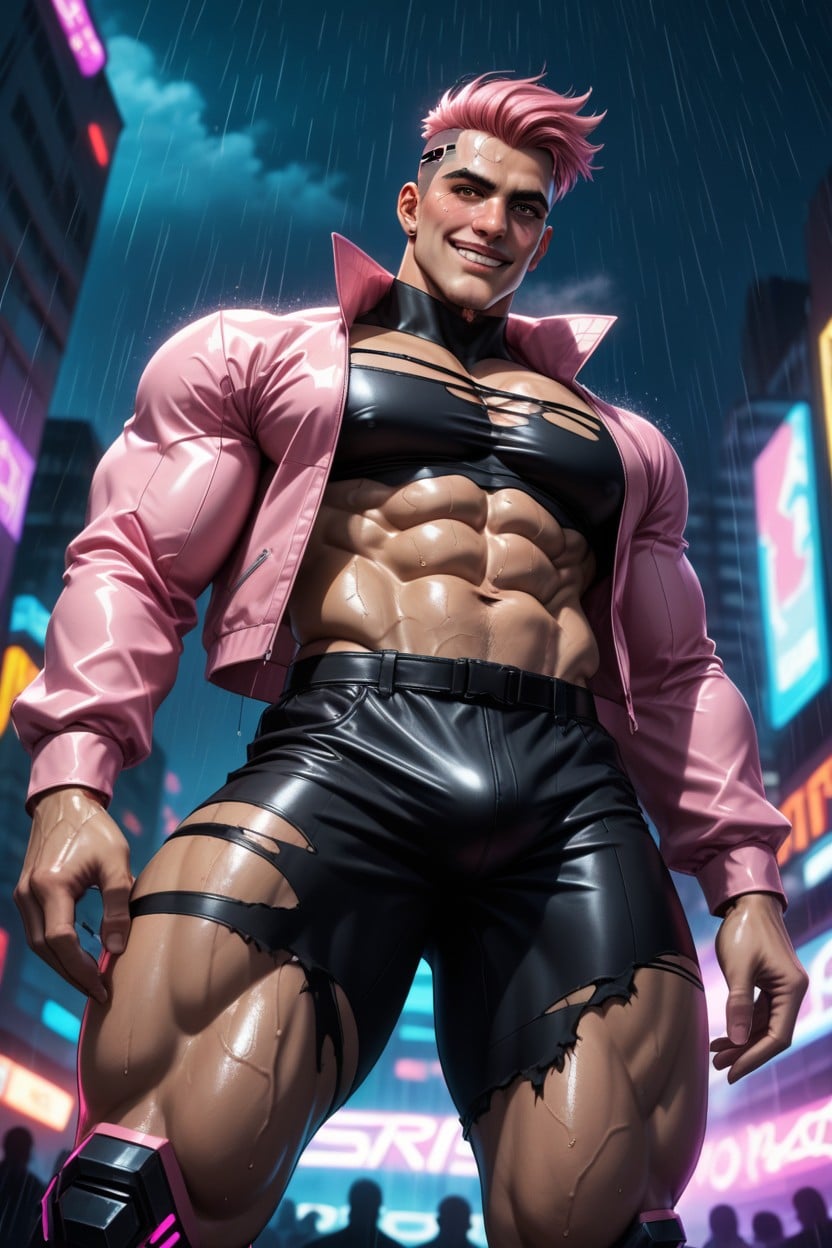Raining, Pink Hair, Muscular AI Gay Porn