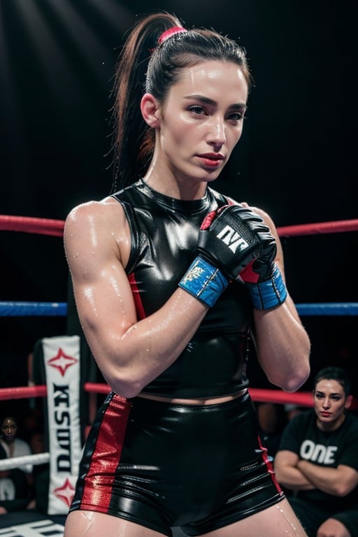 In Boxing Ring, Long Black Ponytail, 脂性肌ニューハーフAIポルノ