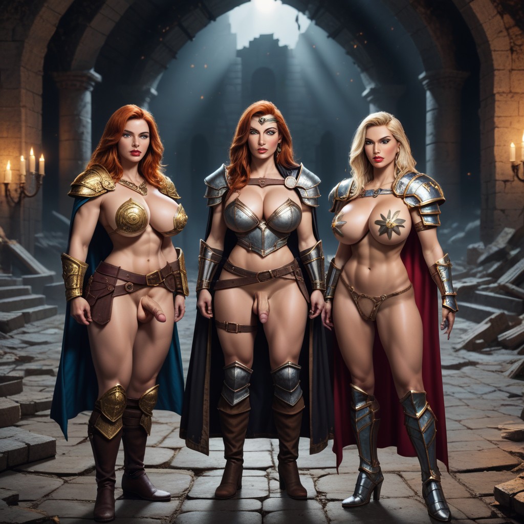 Three People, Brunette, Torchlight Shemale AI Porn