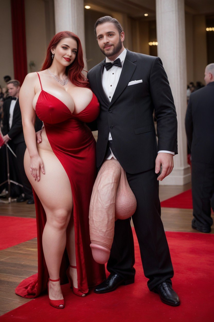 Huge Papparazi Around, Man In Elegant Tuxedo, Massive Breast AI Porn