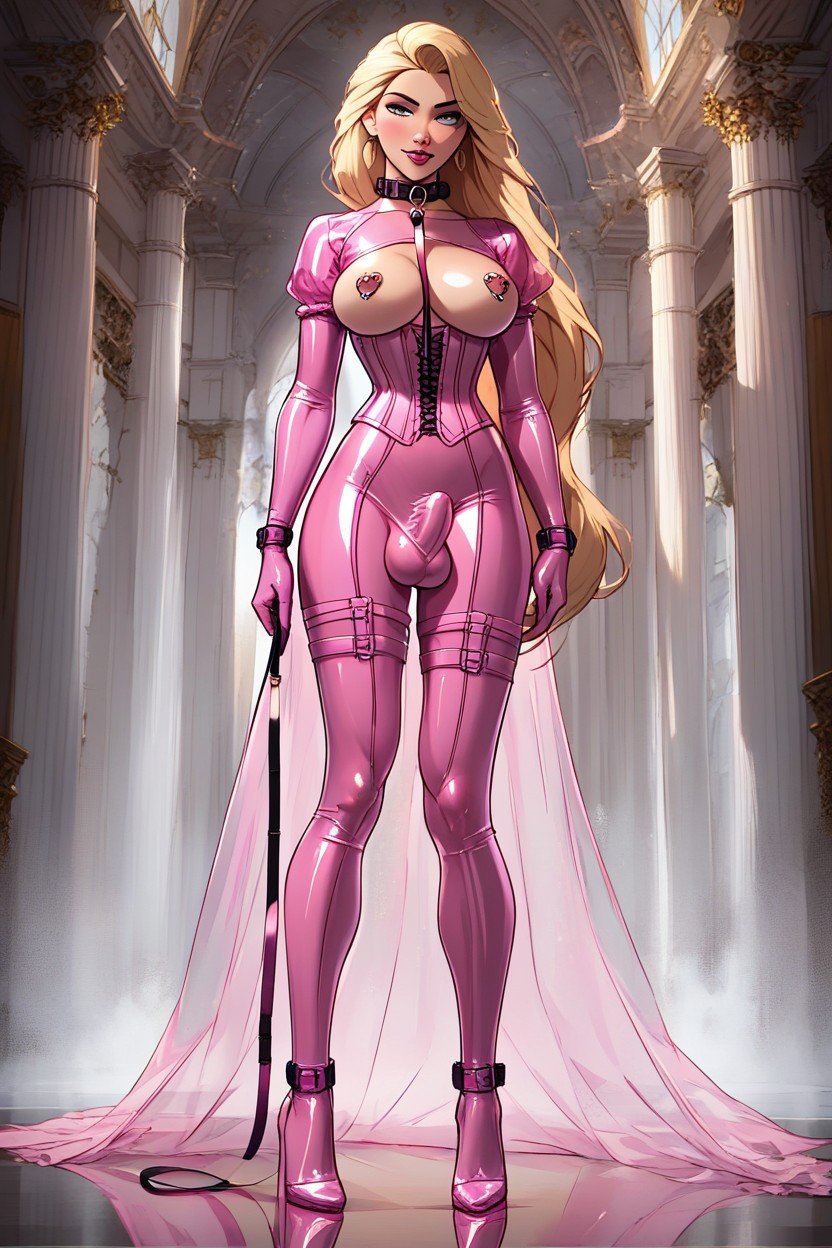 Pierced Nipples, Full Body View, Transparent Pink Latex Bodysuit Фурри AI порно