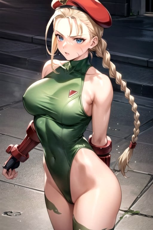 Arms Behind Back, No-nonsense Personality As A Skilled Fighter And Operative, Blonde Hair Typically Styled In Twin Braids And Striking Blue Eyes Cammy Is Known For Wearing A Green Leotard That Highlights Her Agility And Strength AI Porn