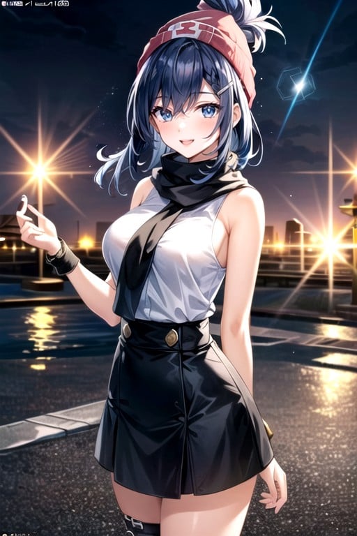 웨이스트 샷, Dark Blue Hair And Bright Blue Eyes Dawns Friendly And Optimistic Demeanor Is Reflected In Her Wide Smile And Enthusiastic Attitude As She Journeys To Become A Top Pokmon Coordinator Naked, Dawn From Pokmon Is A Cheerful And Energetic Woman With Long쉬메일 AI 포르노