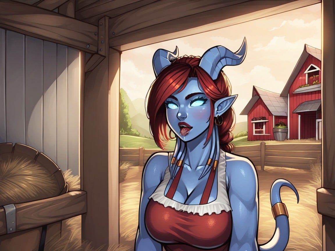 Farm, Slutty Blue Draenei Giving A Blowjob To A Stin With A Massive Flared Pnycck Drgaevling Farm AI Porn