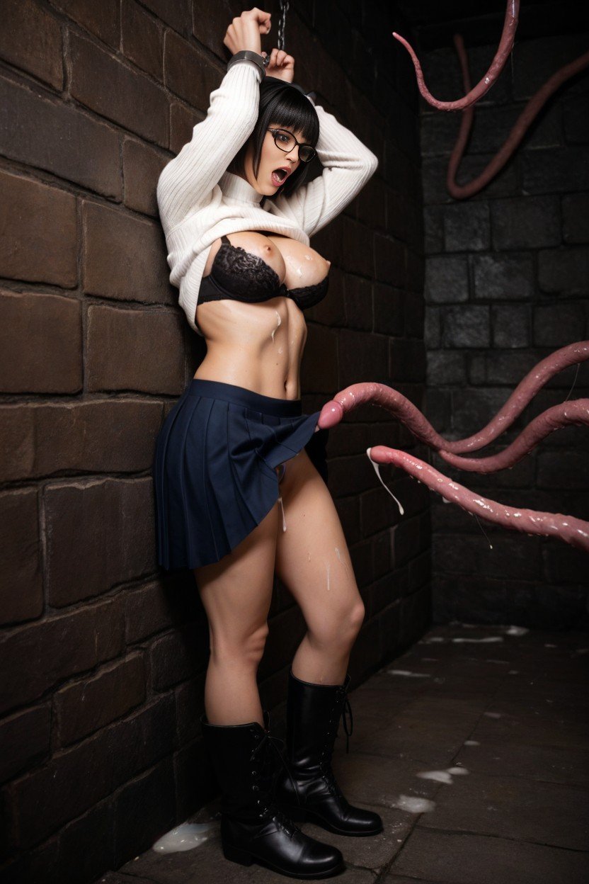 White Pleated Skirt, Bandeau, Ball Of Wormy Tentacles Hidden In BackgroundPorno IA