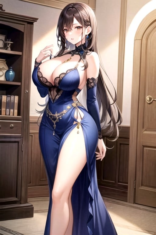 Blue Gown Which Reaching Her Legs The Sleeve Of Her Gown Is Showing Her Fair Hands The Cleavage Of Her Dress Is Giving A Peak Of Her Generous Breast Her Curves Are Quiet Enticing Even With Her Loose Dress, Brown Hair, Wide Hips And ButtocksAI黃片