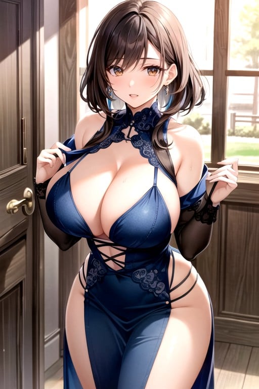 Has A Bit Fat, Mature Looking, Blue Dress Which Reaching Her Legs The Sleeve Of Her Gown Is Showing Her Fair Hands The Cleavage Of Her Dress Is Giving A Peak Of Her Generous Breast Her Curves Are Quiet Enticing Even With Her Loose DressAIポルノ